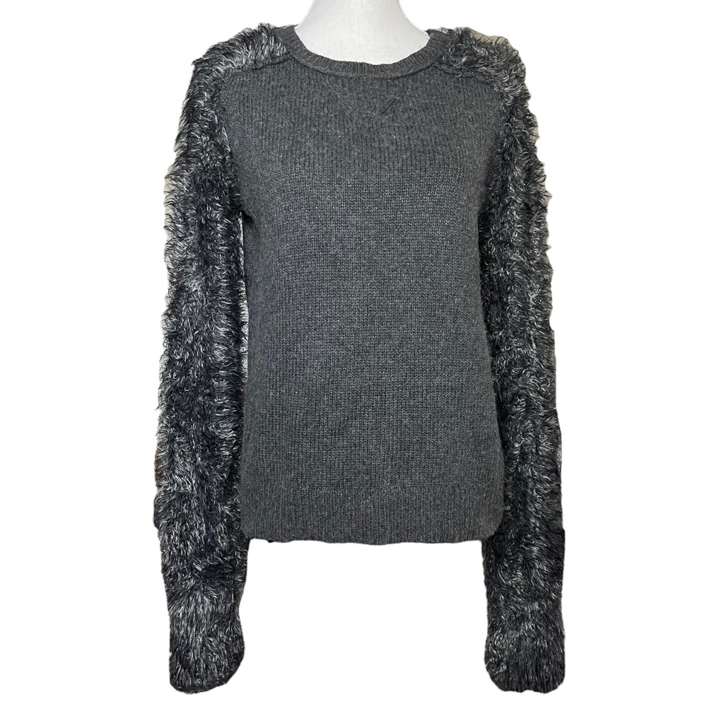 Graham & Spencer Fuzzy Sweater L Gray Mixed Media Eyelash Knit Raglan Crew Neck